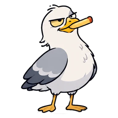 Kevin la mouette, l'air satisfait, une frite dans le bec.
