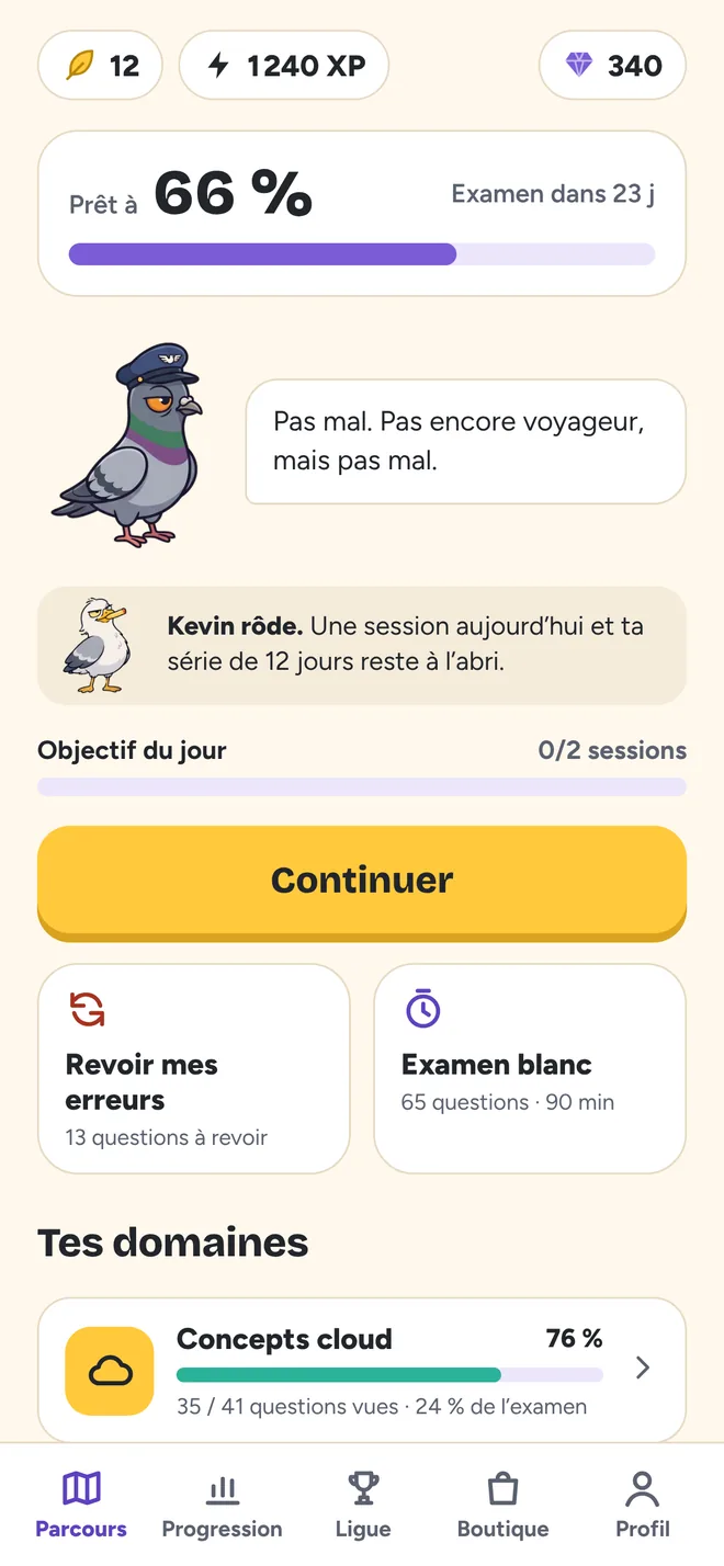 Écran d'accueil de Rokool : jauge « Prêt à 66 % », examen dans 23 jours, Gérard en casquette de messager et Kevin qui rôde autour de la série de 12 jours.